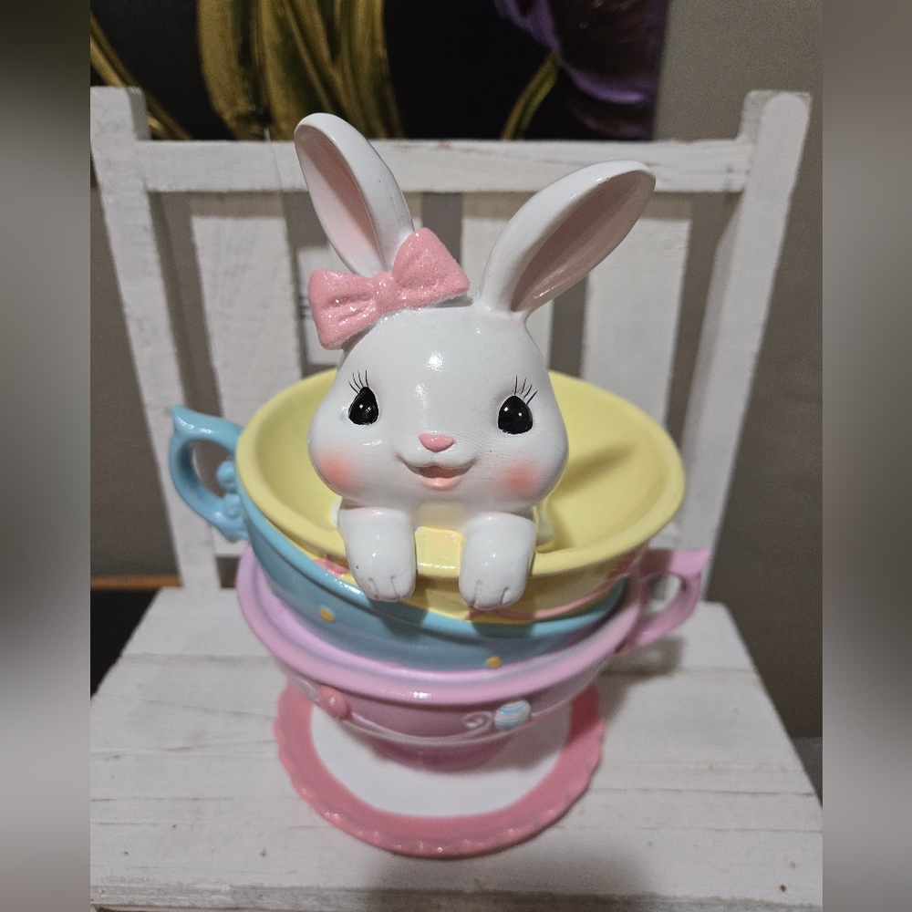 Adorable Girl Bunny In Teacups Easter Decor